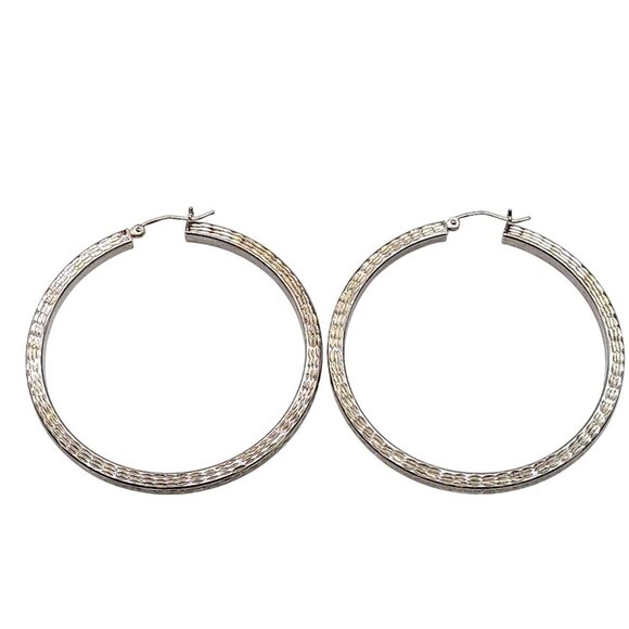 Sterling Silver Textured Hoop Earrings 2" Diameter - Picture 1 of 5